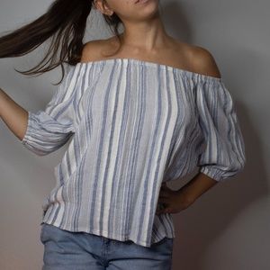 White & Blue Striped Off Shoulder Long Sleeve Top